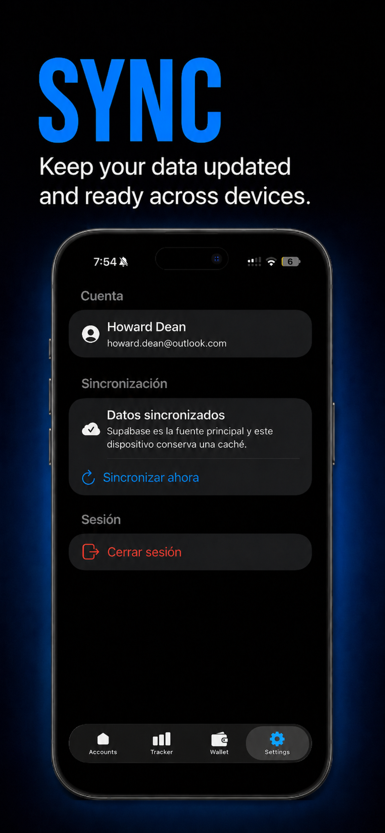 Balancea sync settings screen